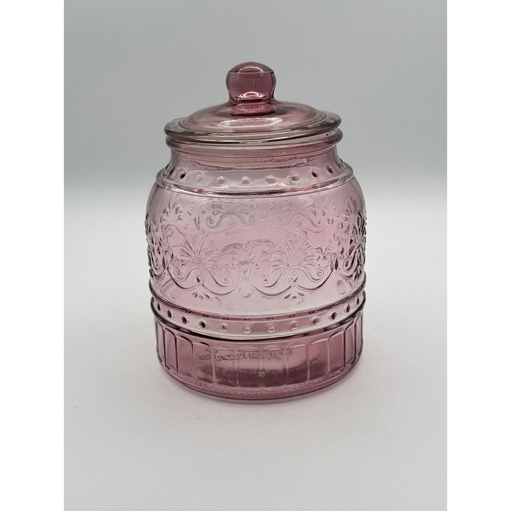 Pioneer Woman Purple Glass Lidded Jar Vintage Embossed Amethyst Canister 7in